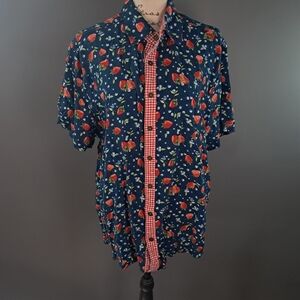 Matilda Jane Men's Size Large Shirt Button Down Linen Blend Blue With Strawberry